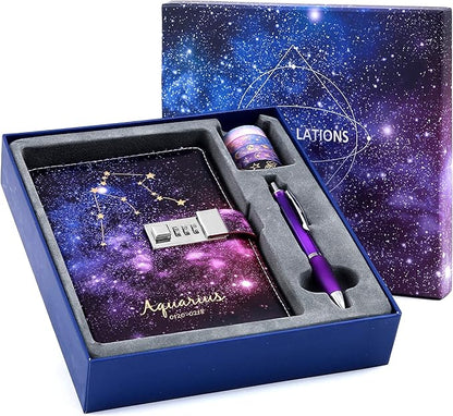 CAGIE Starry Constellation Lock Diary Set Gift Box with Pen & Tapes Secret Diary with Lock for Kids Girls Women Purple Journal Kit with Lock for Anniversary Birthday Holiday（Aquarius