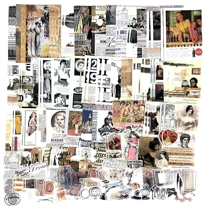200 Pieces Vintage Ephemera Scrapbooking Supplies Pack for Journaling, Decoupage Paper Scrapbook Stickers Kit for Bullet Junk Journal Planners Collage Craft Notebooks Album (Retro)