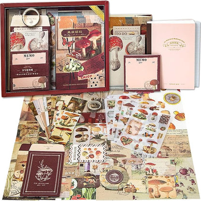 Aromoty Scrapbooking Supplies Kit, Aesthetic Vintage Scrapbook Kit for Bullet Junk Journal A6 Grid Notebook Stationary Journaling Supplies Mushroom DIY Craft Birthday Gifts for Women Kid Teen Girl