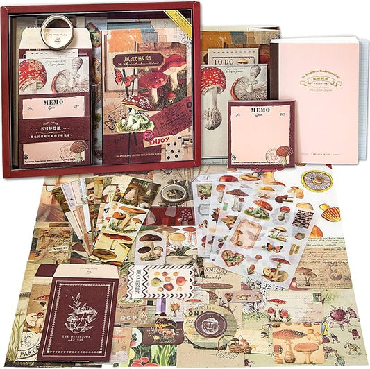 Aromoty Scrapbooking Supplies Kit, Aesthetic Vintage Scrapbook Kit for Bullet Junk Journal A6 Grid Notebook Stationary Journaling Supplies Mushroom DIY Craft Birthday Gifts for Women Kid Teen Girl