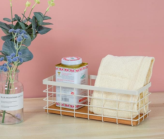 TIEYIPIN Small Metal Wire Storage Basket, Detachable Wood Base Storage Organizer Bin Basket for Kitchen Cabinets, Bathroom, Pantry, Garage, Laundry Room - Cream White