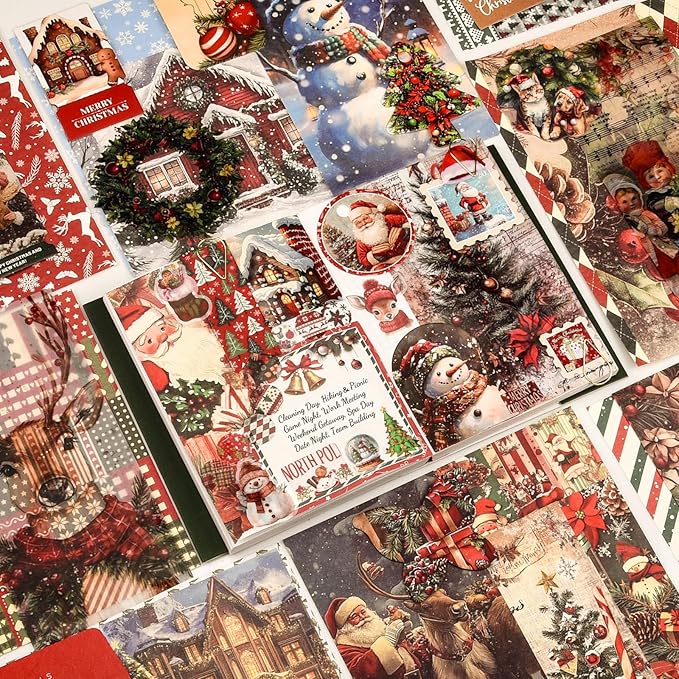 Christmas Scrapbooking Supplies Kit: New Year Festival Scrapbook Kit, Vintage Junk Journal Supplies with Aesthetic Scrapbook Stickers, Journaling Supplies, Craft Christma Gift for Teen Girl Kid Women