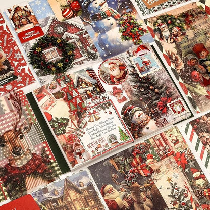 Christmas Scrapbooking Supplies Kit: New Year Festival Scrapbook Kit, Vintage Junk Journal Supplies with Aesthetic Scrapbook Stickers, Journaling Supplies, Craft Christma Gift for Teen Girl Kid Women