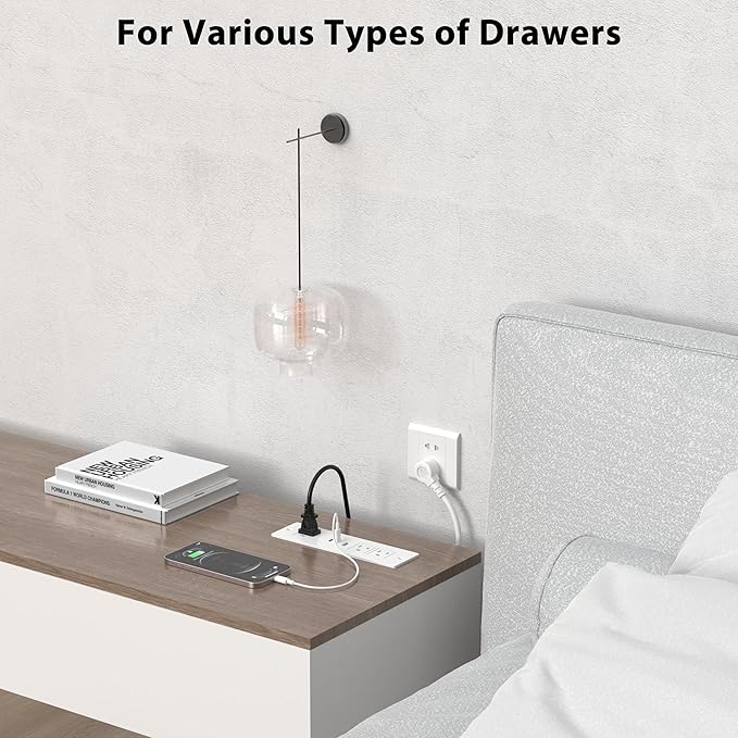 Furniture Drawer Outlet, Recessed Power Strip with (3) PD 20W USB Ports Fast Charging & (3) 15 Amp AC Outlets, (14 AWG) 5 FT White Spring Cord
