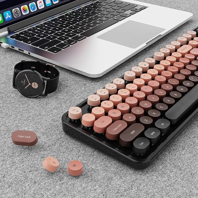 Wireless Keyboard and Mouse Combo, Ergonomic Full Size Typewriter Retro Round Keycaps Keyboard, Compatible with Windows, PC, Perfer for Home and Office Keyboards (Aurora Red)
