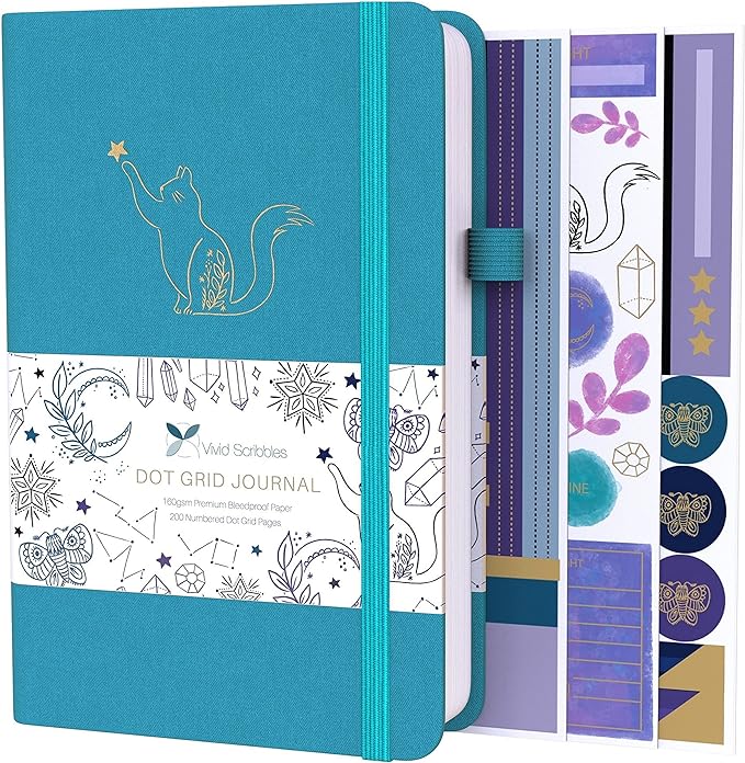 VIVID SCRIBBLES Dotted Journal – 160gsm Bleed Proof Thick White Paper – 200 Numbered Dot Grid Pages – 5.8 x 8.3 inch Dotted Notebook