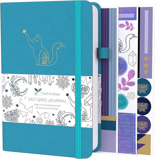VIVID SCRIBBLES Dotted Journal – 160gsm Bleed Proof Thick White Paper – 200 Numbered Dot Grid Pages – 5.8 x 8.3 inch Dotted Notebook