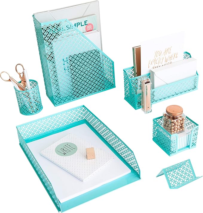 BLU MONACO Aqua - Teal 6 Piece Cute Desk Organizer Set - Desk Organizers and Accessories for Women - Cute Office Desk Accessories - Desktop Organization