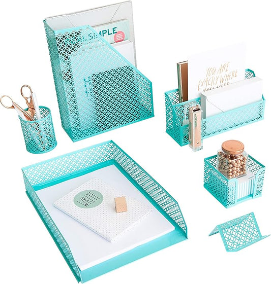 BLU MONACO Aqua - Teal 6 Piece Cute Desk Organizer Set - Desk Organizers and Accessories for Women - Cute Office Desk Accessories - Desktop Organization