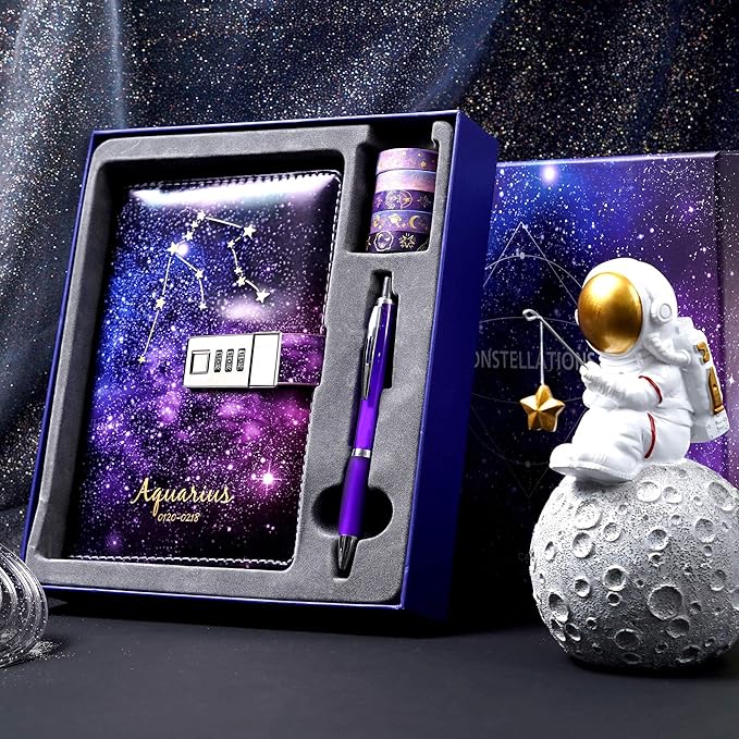 CAGIE Starry Constellation Lock Diary Set Gift Box with Pen & Tapes Secret Diary with Lock for Kids Girls Women Purple Journal Kit with Lock for Anniversary Birthday Holiday（Aquarius