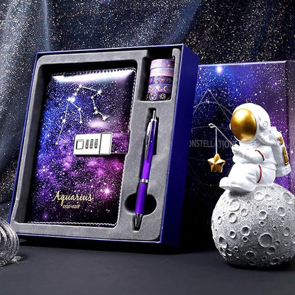 CAGIE Starry Constellation Lock Diary Set Gift Box with Pen & Tapes Secret Diary with Lock for Kids Girls Women Purple Journal Kit with Lock for Anniversary Birthday Holiday（Aquarius