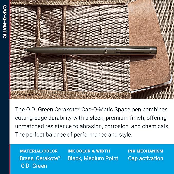 Fisher Space Pen Cap-O-Matic Pen, Ballpoint, O.D. Green, Cerakote Finish, Pocket Clip, Black Ink