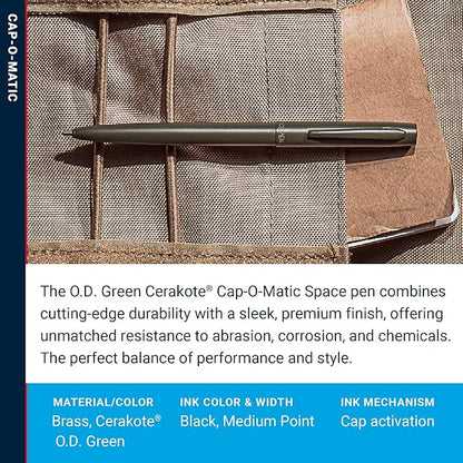 Fisher Space Pen Cap-O-Matic Pen, Ballpoint, O.D. Green, Cerakote Finish, Pocket Clip, Black Ink