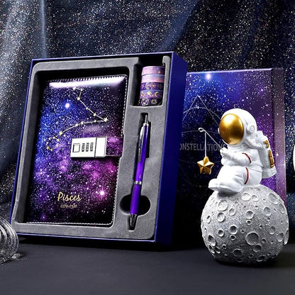 CAGIE Starry Constellation Lock Diary Set Gift Box with Pen & Tapes Secret Diary with Lock for Kids Girls Women Purple Journal Kit with Lock for Anniversary Birthday Holiday（Pisces）