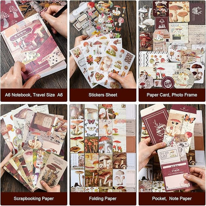 Scrapbooking Supplies Kit, Vintage Aesthetic Scrapbook Kit, Junk Journal Supplies with Scrapbooking Paper A6 Grid Notebook, Journaling Supplies, Birthday Craft Gift for Adult Teen Girl Kid, Mushroom