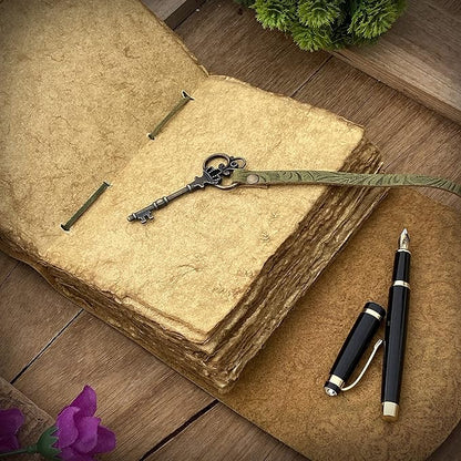 SH SHIFAA HANDICRAFT Leather Journal - Antique Handmade Deckle Edge Vintage Paper Leather Bound Journal - Book of Shadows Journal - Leather Sketchbook - Drawing Journal - Great Gift (Green) (7x5)