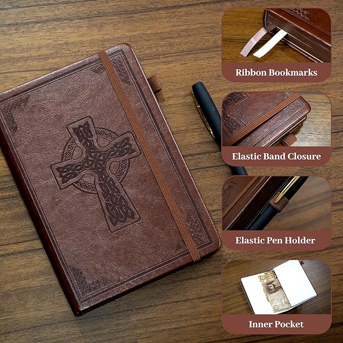 CAGIE Leather Lined Journal Notebook for Men & Women, Debossed Cross, 320 Pages 100 GSM Thick Paper, A5 Hardcover Journaling Notebooks for Writing, 5.7'' X 8.3'' Diary, Brown