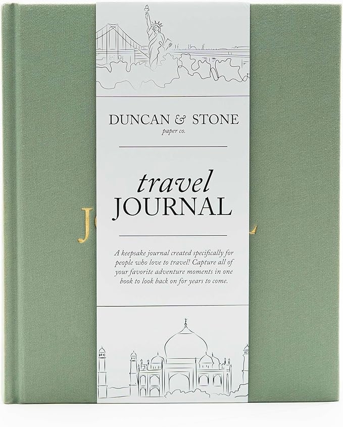 DUNCAN & STONE PAPER CO. Travel Journals - Elegant Journaling Notebook To Record All Your Travel Fun, & More - 110 Page Linen Hardcover Journal For Up To 15 Trips (Sage Green)