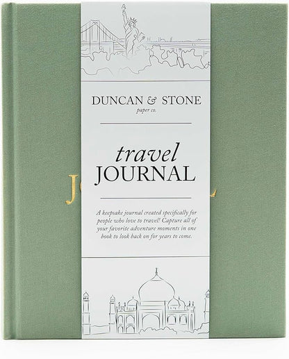 DUNCAN & STONE PAPER CO. Travel Journals - Elegant Journaling Notebook To Record All Your Travel Fun, & More - 110 Page Linen Hardcover Journal For Up To 15 Trips (Sage Green)