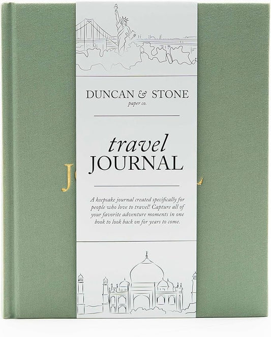 DUNCAN & STONE PAPER CO. Travel Journals - Elegant Journaling Notebook To Record All Your Travel Fun, & More - 110 Page Linen Hardcover Journal For Up To 15 Trips (Sage Green)