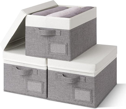 GRANNY SAYS Storage Bins with Lids, Collapsibe Clothes Organizers and Storage, Storage Baskets for Shelves, Decorative Storage Boxes with Lids, 3-Pack, Gray&Ivory
