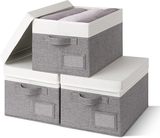 GRANNY SAYS Storage Bins with Lids, Collapsibe Clothes Organizers and Storage, Storage Baskets for Shelves, Decorative Storage Boxes with Lids, 3-Pack, Gray&Ivory