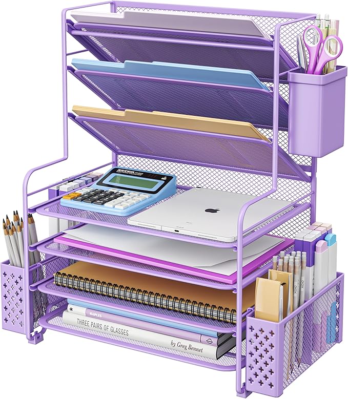 Simple Trending 7 Tier Desk File Organizer, Letter Tray Paper Organizer with Pen Holder and Metal Hanging Basket, Purple