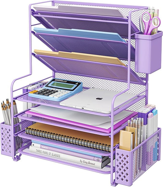 Simple Trending 7 Tier Desk File Organizer, Letter Tray Paper Organizer with Pen Holder and Metal Hanging Basket, Purple