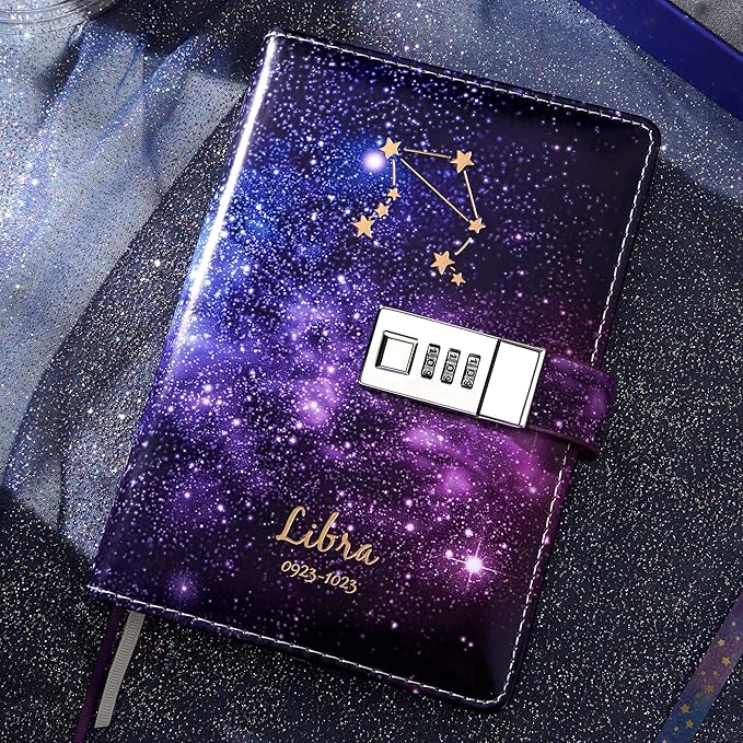 CAGIE Starry Constellation Lock Diary Set Gift Box with Pen & Tapes Secret Diary with Lock for Kids Girls Women Purple Journal Kit with Lock for Anniversary Birthday Holiday （Libra）