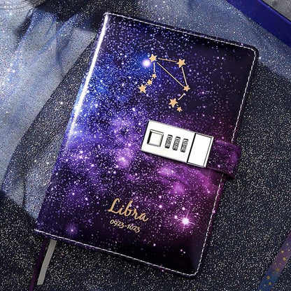 CAGIE Starry Constellation Lock Diary Set Gift Box with Pen & Tapes Secret Diary with Lock for Kids Girls Women Purple Journal Kit with Lock for Anniversary Birthday Holiday （Libra）