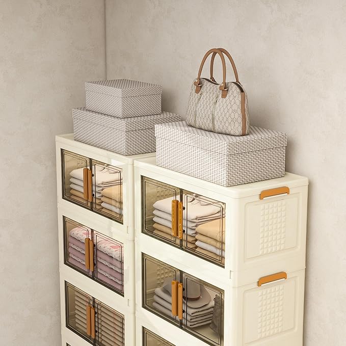 Plastic Stackable Storage Bins with Lids and Wheels, Foldable Closet Organizers and Storage Containers, Collapsible Clear Drawer Storage Cabinet with Doors Ivory White 358.4 QT