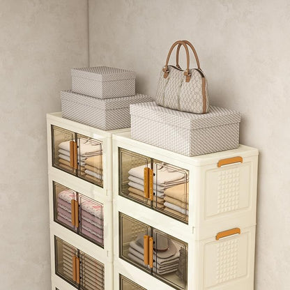 Plastic Stackable Storage Bins with Lids and Wheels, Foldable Closet Organizers and Storage Containers, Collapsible Clear Drawer Storage Cabinet with Doors Ivory White 358.4 QT