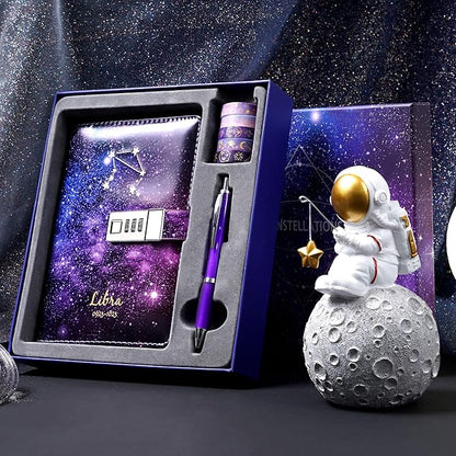 CAGIE Starry Constellation Lock Diary Set Gift Box with Pen & Tapes Secret Diary with Lock for Kids Girls Women Purple Journal Kit with Lock for Anniversary Birthday Holiday （Libra）