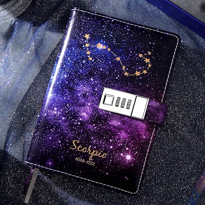 CAGIE Starry Constellation Lock Diary Set Gift Box with Pen & Tapes Secret Diary with Lock for Kids Girls Women Purple Journal Kit with Lock for Anniversary Birthday Holiday （Scorpio）