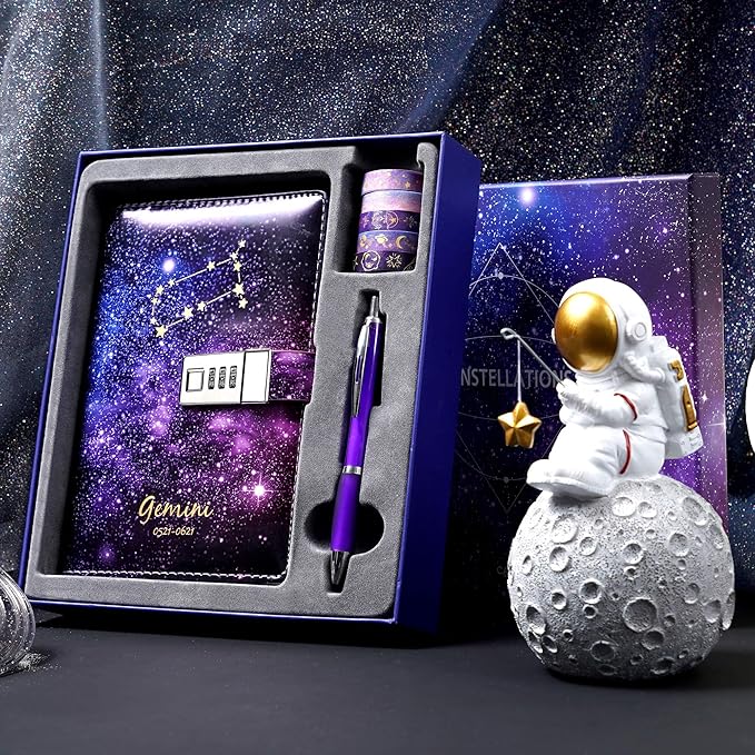 CAGIE Starry Constellation Lock Diary Set Gift Box with Pen & Tapes Secret Diary with Lock for Kids Girls Women Purple Journal Kit with Lock for Anniversary Birthday Holiday（Gemini）