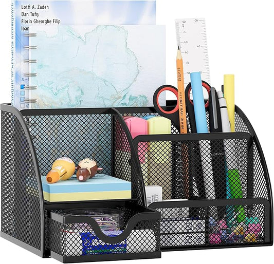 EasyPAG Mesh Desk Organizer with Drawer Multi-functional Pen Holder Stationery Organizer for Office School Supplies 6 Compartments Dorm Organizers and Storage for Desk, Black