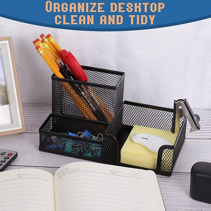 Ludato 2 Pieces Mesh Pen Holder Desk Organizers and Accessories for Desk，3 Compartments Black Pencil Holder for Office Supplies， Gifts for Colleague