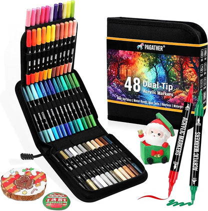 48 Colors Acrylic Paint Markers, Dual Tip with Fine Tip and Brush Tip Pens for Stone, Wood, Calligraphy, Canvas, Ceramic, Metal, Glass, Rock Painting, DIY Crafts Art Supplies Kit