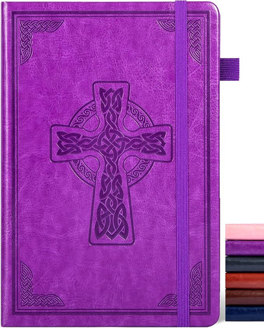 CAGIE Leather Lined Journal Notebook for Men & Women, Debossed Cross, 320 Pages 100 GSM Thick Paper, A5 Hardcover Journaling Notebooks for Writing, 5.7'' X 8.3'' Diary, Purple