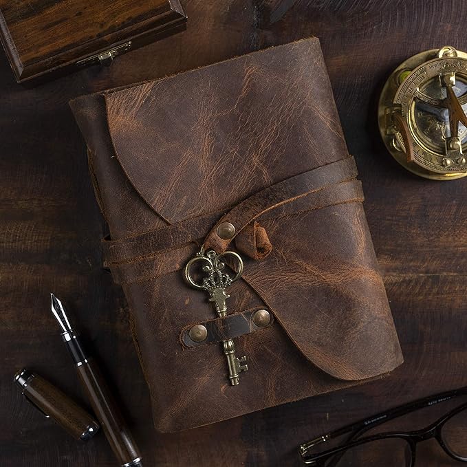 Vintage Leather Journal - Antique Handmade Deckle Edge Vintage Paper Leather Bound Journal - Book of Shadows Journal - Leather Sketchbook - Drawing Journal - Great Gift (Red Brown, 11.5"x8.25")