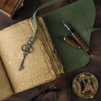 Vintage Leather Journal - Antique Handmade Deckle Edge Vintage Paper Leather Bound Journal - Book of Shadows Journal - Leather Sketchbook - Drawing Journal - Great Gift (Green, 7.5"x5.5")