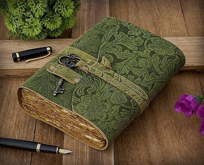 SH SHIFAA HANDICRAFT Leather Journal - Antique Handmade Deckle Edge Vintage Paper Leather Bound Journal - Book of Shadows Journal - Leather Sketchbook - Drawing Journal - Great Gift (Green) (7x5)