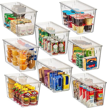 ClearSpace Modern Plastic Storage Bins with Lids Perfect Kitchen Organization or Pantry Fridge Organizer, 8 Pack, Transparent, Rectangular, 12.5" x 6" x 7", 9L Capacity, 8 Compartments