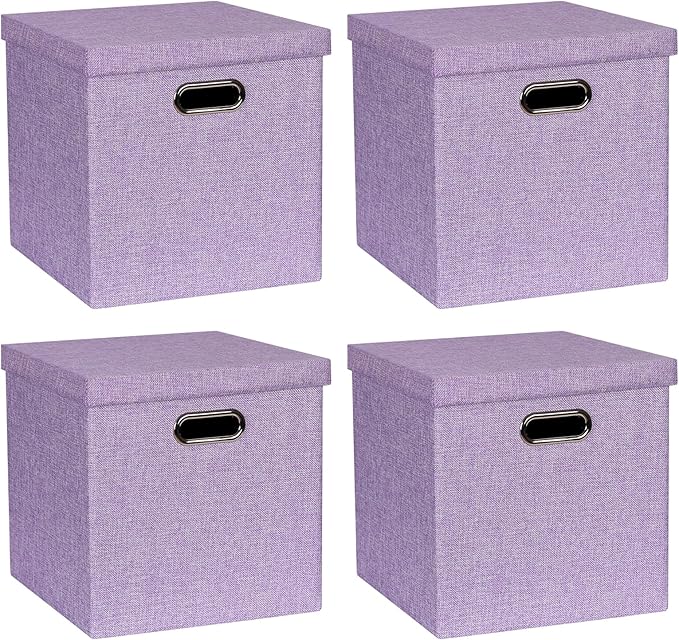 Storage Bins with Lids, Collapsible Linen Fabric Boxes Organizer Containers with Lid Foldable Storage Box Basket for Closet, Shelves, Home, Office, 12 x 12 x 12.4 Inch, 4 Pack, Purple
