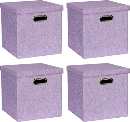 Storage Bins with Lids, Collapsible Linen Fabric Boxes Organizer Containers with Lid Foldable Storage Box Basket for Closet, Shelves, Home, Office, 12 x 12 x 12.4 Inch, 4 Pack, Purple