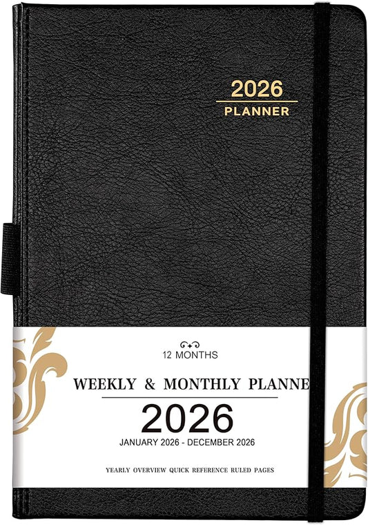 2026 Planner - 2026 Weekly Monthly Calendar, January - December 2026, 5.85'' x 8.5'' Agenda with Leather Cover, Pen Holder, Elastic Closure, 24 Ruled Pages