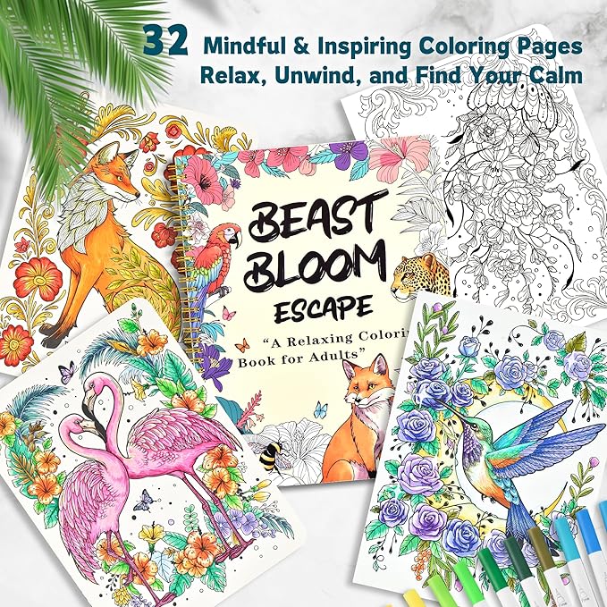 Adult Coloring Book Set with 36 Dual-Tip Markers, 32 Floral & Animal Pages, Spiral Bound Gifts for Adults Relaxation, Creative Christmas Gifts for Women and Loved Ones