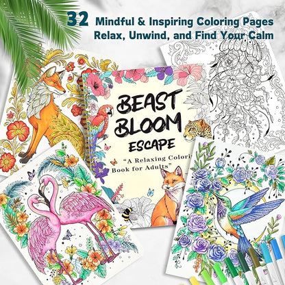 Adult Coloring Book Set with 36 Dual-Tip Markers, 32 Floral & Animal Pages, Spiral Bound Gifts for Adults Relaxation, Creative Christmas Gifts for Women and Loved Ones