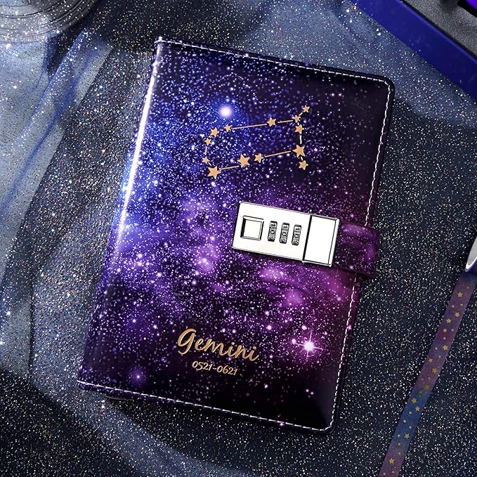 CAGIE Starry Constellation Lock Diary Set Gift Box with Pen & Tapes Secret Diary with Lock for Kids Girls Women Purple Journal Kit with Lock for Anniversary Birthday Holiday（Gemini）