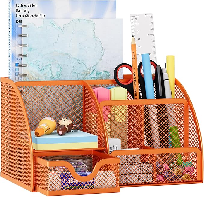 EasyPAG Mesh Desk Organizer with Drawer Multi-Functional Pen Holder Stationery Organizer for Office School Supplies 6 Compartments Dorm Organizers and Storage for Desk, Orange